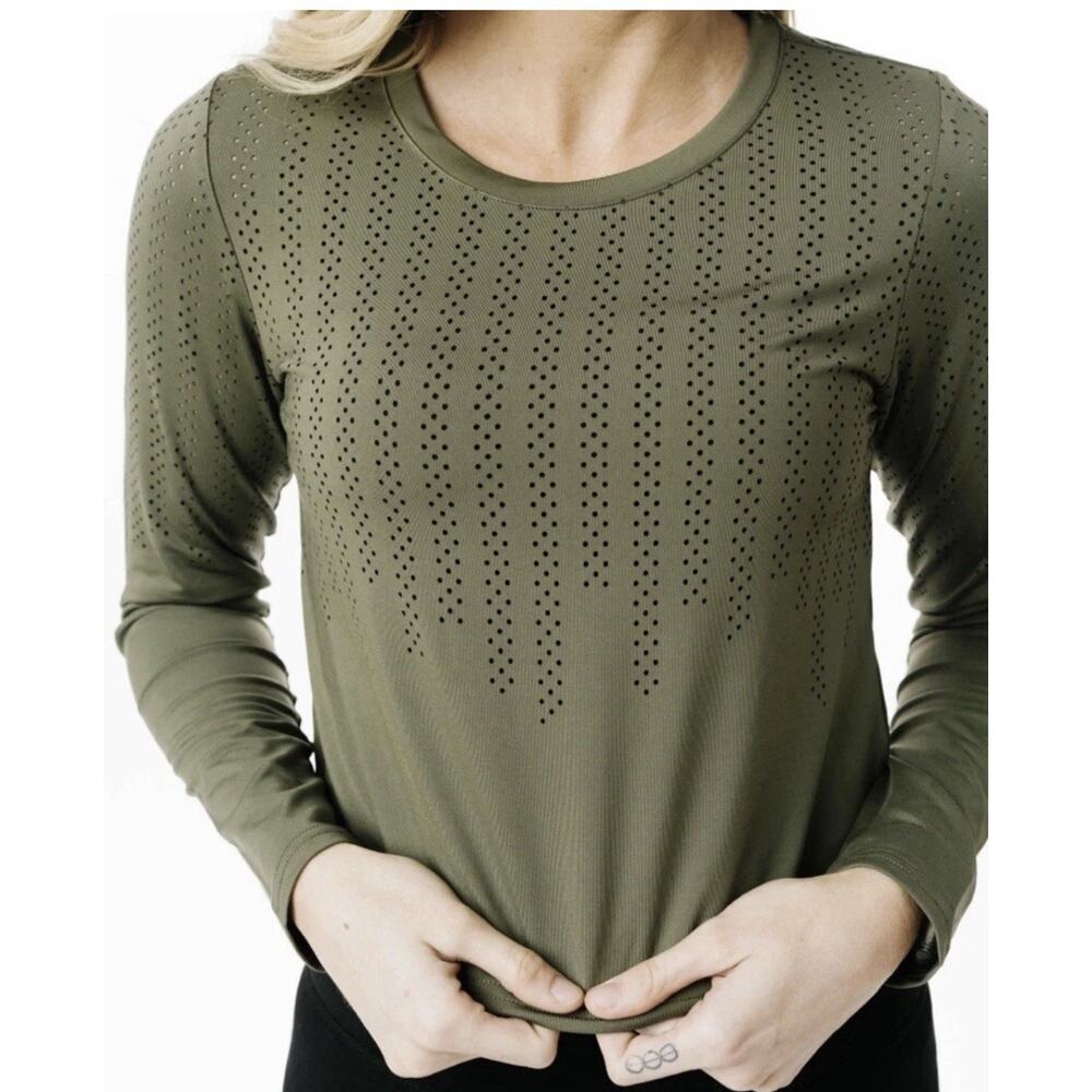 Zyia Active Chillcicle Long Sleeve Crop Top size large Olive Green Laser Cut